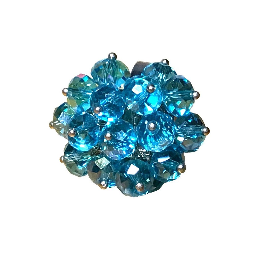 Vintage Aqua Blue Faceted AB Crystal Bead Cluster Cocktail Ring Adjustable - Picture 5 of 10
